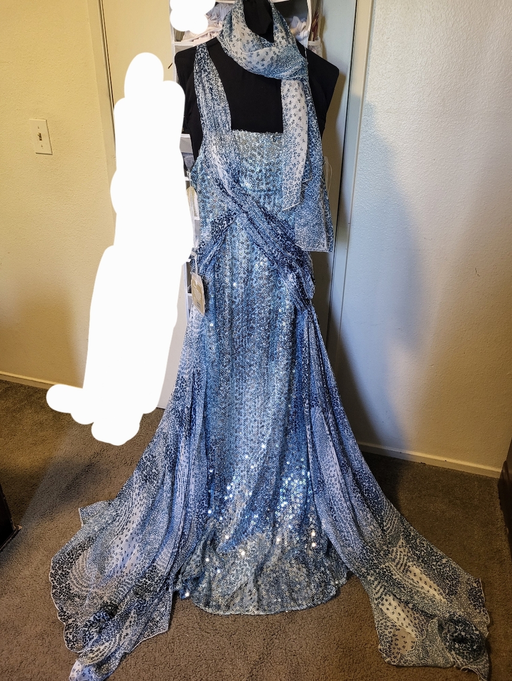 Elegant Blue Sequin Wedding Dress with Draped Scarf